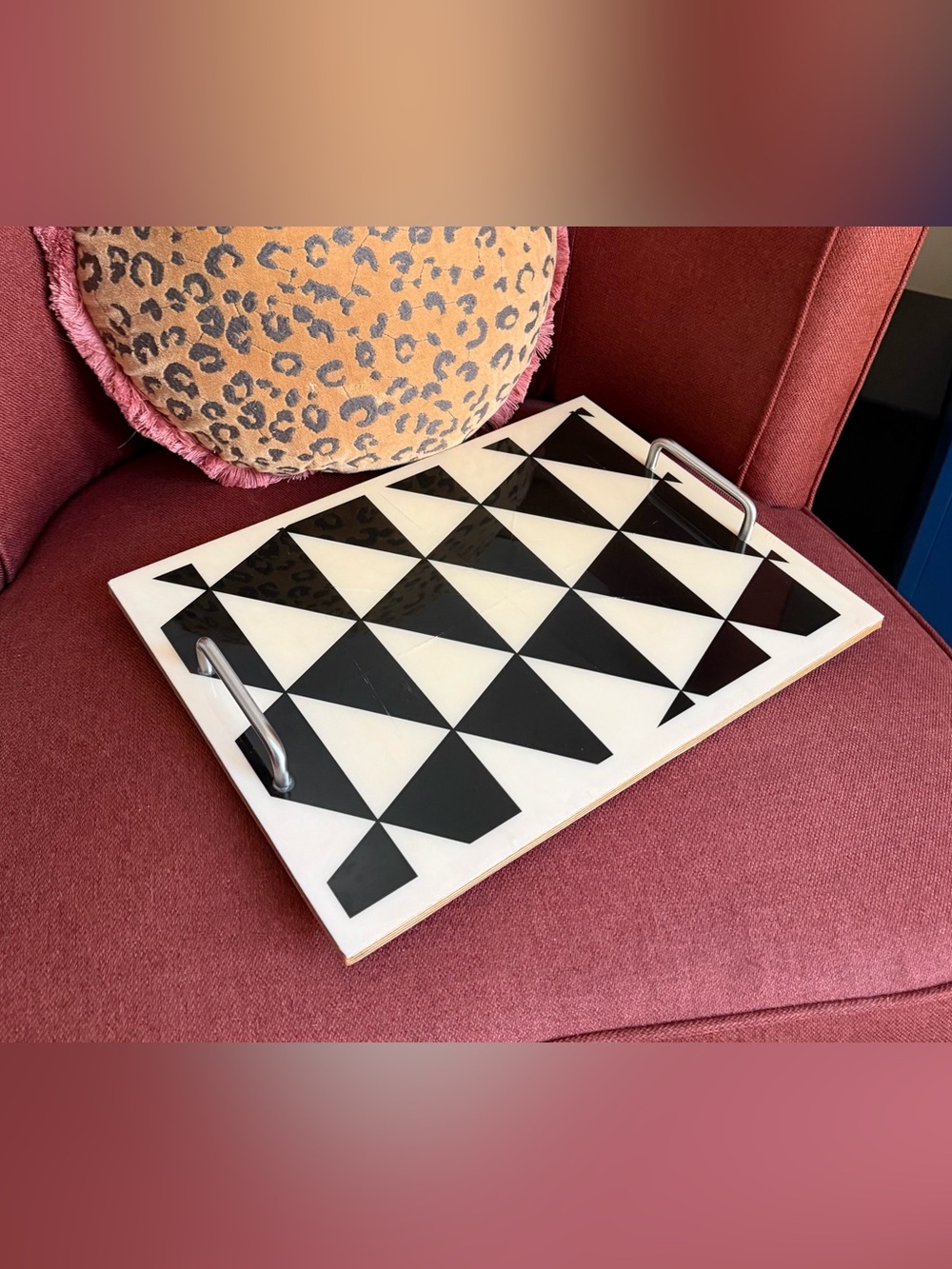 Post Studio Black & White Geometric Tray,  Polished Epoxy Resin 14.75”L x 11”W